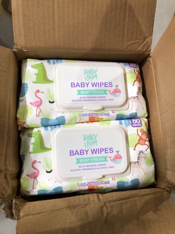 Photo 2 of Baby Wipes - HAPPY BUM Sensitive Water Baby Diaper Wipes, Hypoallergenic, Unscented, 4 Flip-top packs (320 Wipes Total)