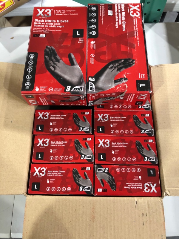 Photo 2 of [DAMAGE] X3 Black Nitrile Disposable Industrial-Grade Gloves 3 Mil -  Lightly-Textured Large (Pack of 1000) - 10 boxes