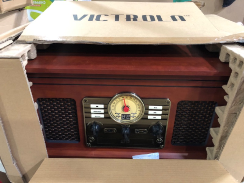 Photo 2 of Victrola Nostalgic 6-in-1 Bluetooth Record Player & Multimedia Center with Built-in Speakers - 3-Speed Turntable, CD & Cassette Player, FM Radio - Mahogony 