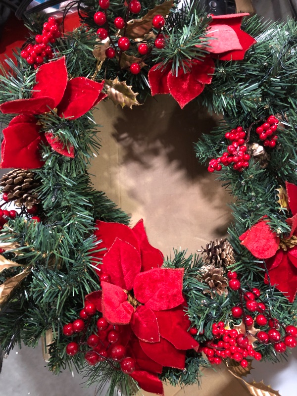 Photo 2 of 24 IN Christmas-Wreath,Christmas-Wreaths-for-Front-Door,Pre-Lit-Christmas-Decorations Door Wreath with 50 LED Lights,Poinsettia Flowers,Artificial Indoor/Outdoor Home Decor Gift Wreath for Door Mantel