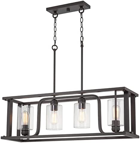 Photo 1 of Kira Home Iverson 34" 4-Light Farmhouse Rectangular Island Light + Clear Cylinder Glass Shades, Oil Rubbed Bronze Finish