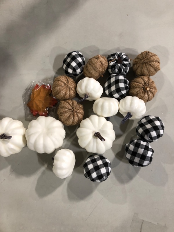 Photo 2 of 18 Pcs Thanksgiving Artificial Pumpkins, Bufflo Plaid Pumpkins White Pumpkins Burlap Pumpkins for Fall Harvest Deco.