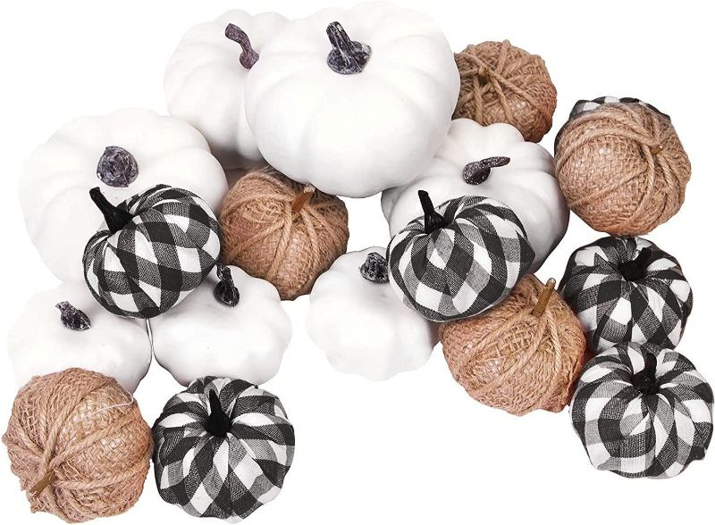 Photo 1 of 18 Pcs Thanksgiving Artificial Pumpkins, Bufflo Plaid Pumpkins White Pumpkins Burlap Pumpkins for Fall Harvest Deco.