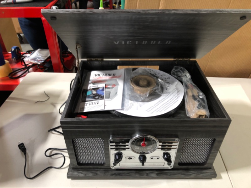 Photo 1 of Victrola Nostalgic 6-in-1 Bluetooth Record Player & Multimedia Center with Built-in Speakers - 3-Speed Turntable, CD & Cassette Player, AM/FM Radio | Wireless Music Streaming | Grey Grey Entertainment Center