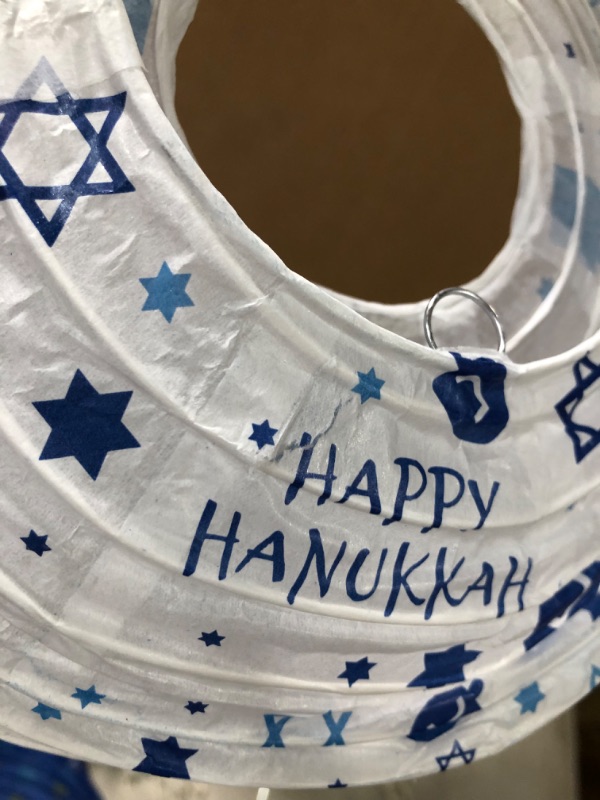 Photo 3 of ADXCO 12 Pieces Hanukkah Hanging Ball Lanterns Ornaments Paper Ball Lanterns Candlestick Spinning Tops Star of Sign Hanukkah Party Supplies Centerpiece Indoor Outdoor Decorations