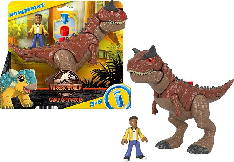 Photo 1 of Fisher-Price Imaginext Jurassic World Camp Cretaceous Carnotaurus Dinosaur & Darius Figure Set.