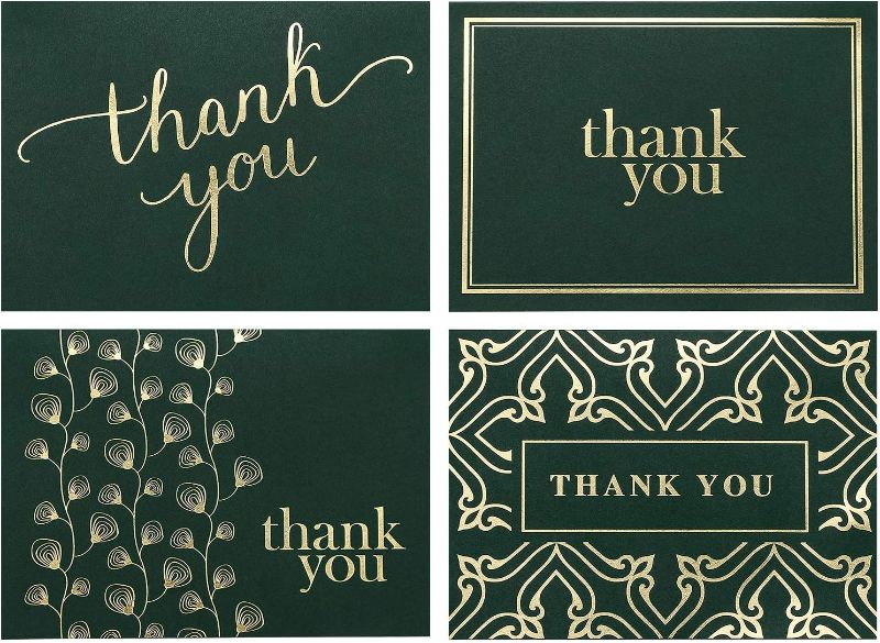 Photo 1 of 100 Thank You Cards Bulk, Thank You Notes, Hunter Green Gold 