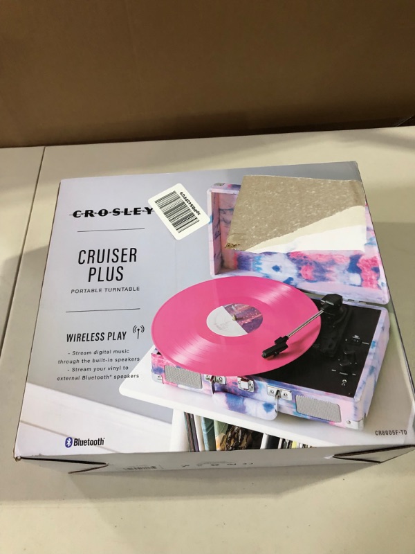 Photo 2 of Crosley CR8005F-TD Cruiser Plus Vintage 3-Speed Bluetooth in/Out Suitcase Vinyl Record Player Turntable, Tye-Dye Bluetooth In/Out Tye-Dye