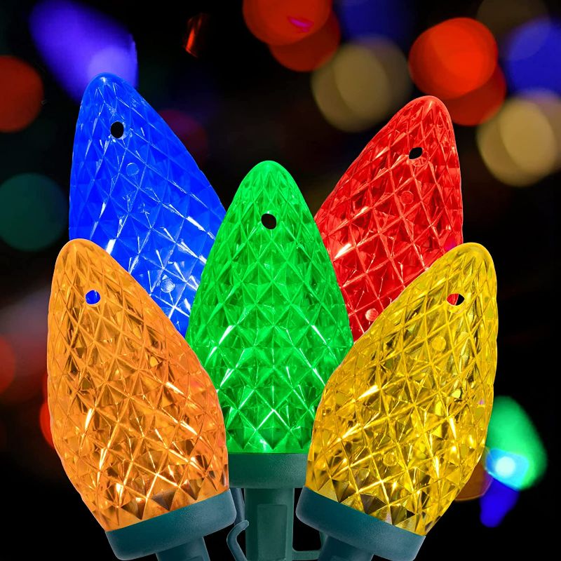 Photo 2 of C9 Christmas String Lights Multicolor Faceted Christmas Lights on Green Wire, Plug-in Large Bulb Strawberry String Lights for House Roof Roofline Christams Tree Party, Color Changing (66Ft.)