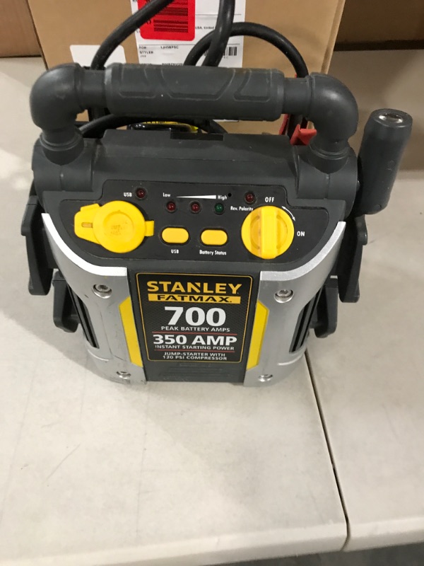 Photo 2 of STANLEY FATMAX J7CS Portable Power Station Jump Starter: 700 Peak/350 Instant Amps, 120 PSI Air Compressor, 3.1A USB Ports, Battery Clamps