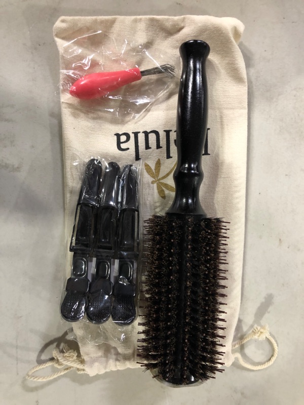 Photo 2 of Belula Boar Bristle Round Brush for Blow Drying Set. Round Hair Brush With Medium 2.4" Wooden Barrel. Hairbrush Ideal to Add Volume and Body. Free 3 x Hair Clips & Travel Bag. Medium Barrel 2.4