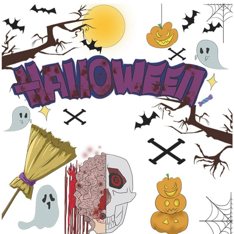 Photo 1 of (x2) Happy Halloween Wall Decals Kids Bedroom Decor, Spooky Ghost Bats Window Wall Clings Pumpkins Skeleton Broom Stickers Art Decorations for Living Room Bar Pub Party Supplies