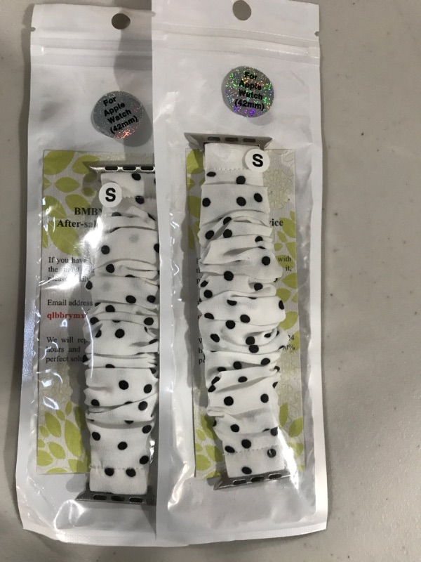 Photo 3 of BMBMPT Scrunchie Elastic Watch Band Compatible with Apple Watch Band 38mm 40mm 42mm 44mm Cloth Soft Pattern Printed Fabric Wristband for iWatch Series 5,4,3,2,1 White-Dots 38mm/40mm Large size