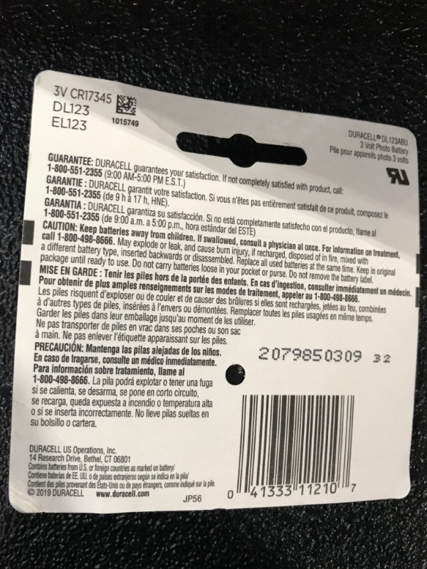 Photo 3 of Duracell CR123A 3V Lithium Battery, 1 Count Pack, 123 3 Volt High Power Lithium Battery, Long-Lasting for Home Safety and Security Devices, High-Intensity Flashlights, and Home Automation 1 Count (Pack of 1)