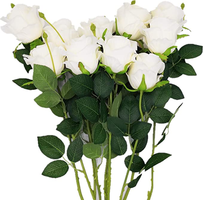 Photo 1 of  Artificial Roses Flowers Real Touch Silk Roses Bouquet Long Stems Rose for Flower Arrangement Fake Roses Decor for Home Party Wedding Table Centerpieces Roses Realistic - White Roses 5 Pcs