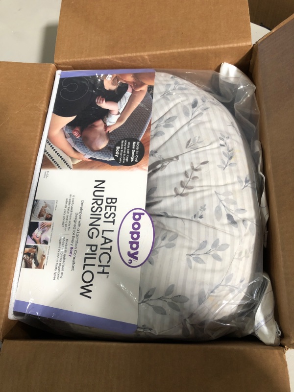 Photo 1 of Boppy Nursing Pillow—Best Latch | Plus-Sized Breastfeeding Pillow with Belt Designed with Lactation Consultants | Fits All Body Types | Machine Washable| Leaf Stripe and Soft Textured Gray Gray Leaf Stripe