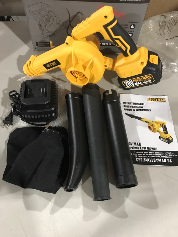 Photo 2 of Alloyman Leaf Blower, 20V Cordless Leaf Blower, with 4.0Ah Battery & Charger, 2-in-1 Electric Leaf Blower & Vacuum for Yard Cleaning/Snow Blowing. Yellow1