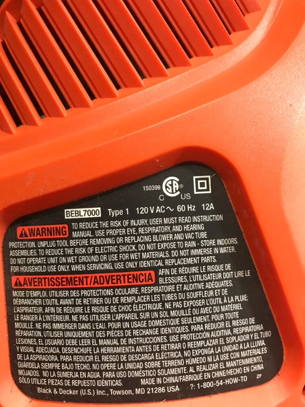 Photo 5 of !!!SEE CLERK NOTES * NON-FUNTIONAL!!!
BLACK+DECKER 3-in-1 Electric Leaf Blower, Leaf Vacuum, Mulcher (BEBL7000)