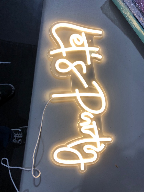 Photo 2 of Ajoyferris Let's Party Neon Signs Dimmable Neon Light Sign for Wall Decor 16''x 7'' Word LED Neon Sign Art Decorative Lights for Bachelorette Party, Engagement Party, Birthday Party,Wedding Party Warm White A-Warm White