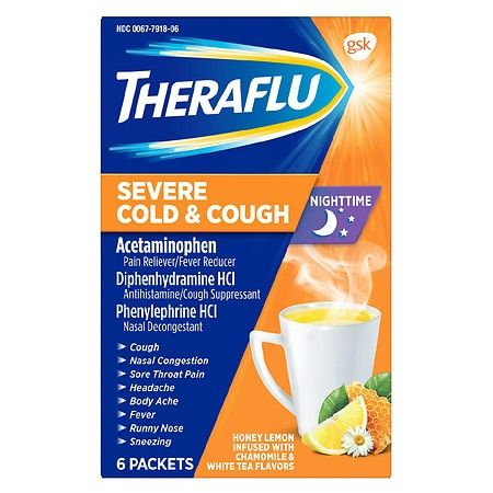 Photo 1 of 3 Pack Theraflu Nighttime Multi-Symptom Severe Cold Powder White Tea and Honey Lemon 6 Ct
