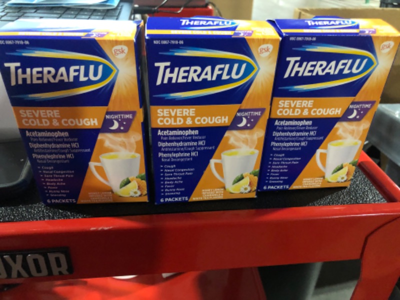 Photo 1 of 3 Pack Theraflu Nighttime Multi-Symptom Severe Cold Powder White Tea and Honey Lemon 6 Ct

