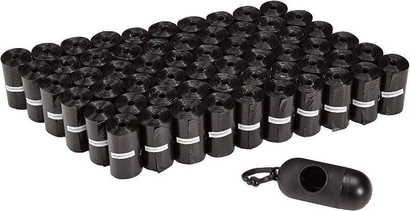 Photo 1 of Amazon Basics Unscented Standard Dog Poop Bags with Dispenser and Leash Clip, 13 x 9 Inches, Black - 40 Rolls