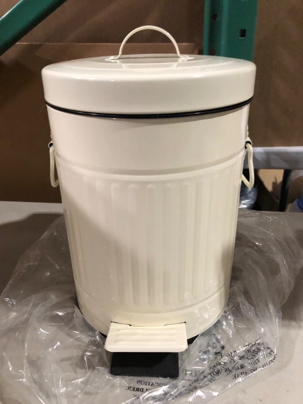 Photo 2 of Bathroom Trash Can with Lid,Small White Waste Basket for Home Bedroom, Retro Step Garbage Can with Soft Close, Vintage Office Trash Can, 5 Liter/ 1.3 Gallon, Glossy Cream White Cream White 5L