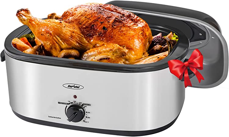 Photo 1 of 24lb 20-Quart Roaster Oven with Self-Basting Lid, Sunvivi electric roaster with Removable Pan & Rack, 150-450°F Full-Range Temperature Control with Defrost/Warm Function, Stainless Steel, Silver