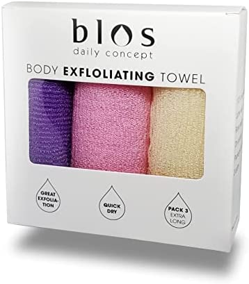 Photo 1 of Blos Body Exfoliating Towels for Use in shower | Beauty Skin Nylon Bath Cloth Cleaning Sponges for Back and Body Use Wash Rags Dual-Sided Long Scrub Magic Washcloth – Pack of 3 (Pink)