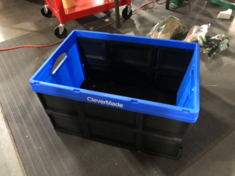 Photo 3 of CleverMade 62L Collapsible Storage Bins - Durable Plastic Folding Utility Crates, Solid Wall Stackable Containers for Home & Garage Organization, No Lid, Royal Blue, 3 Pack Royal Blue 62 Liters Bin
