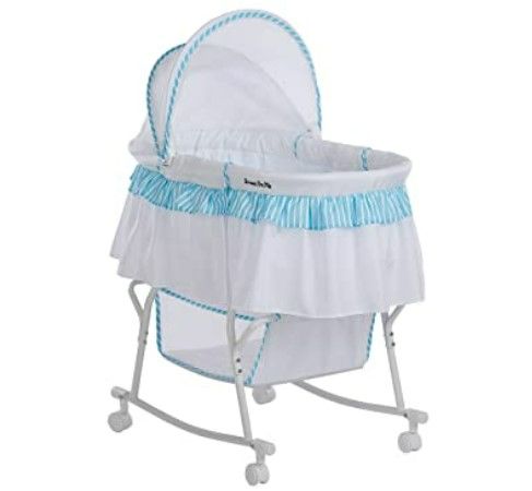 Photo 1 of Dream On Me Lacy Portable 2-in-1 Bassinet & Cradle in Blue and White, Lightweight Baby Bassinet with Storage Basket, Adjustable and Removable Canopy