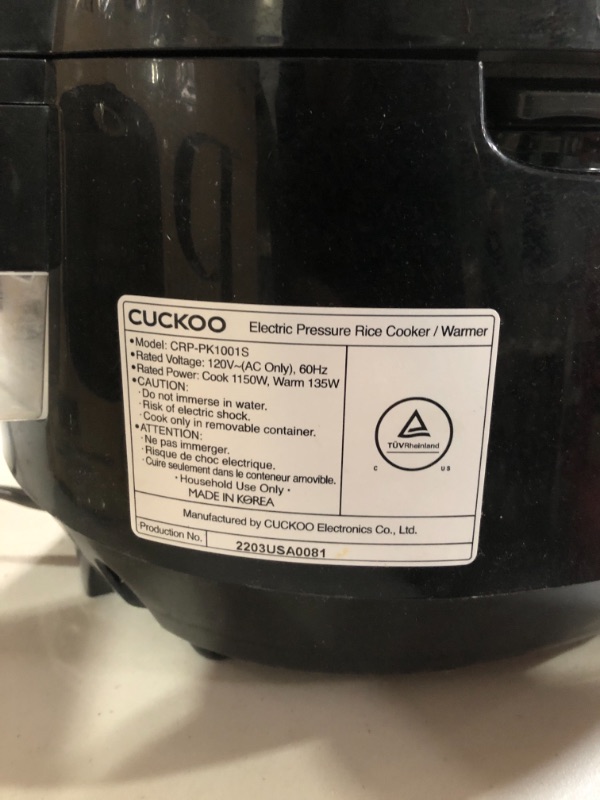 Photo 3 of CUCKOO CRP-PK1001S | 10-Cup (Uncooked) Pressure Rice Cooker | 12 Menu Options: Quinoa, Scorched Rice, GABA/Brown Rice, Multi-Grain & More, Voice Guide, Made in Korea | Black