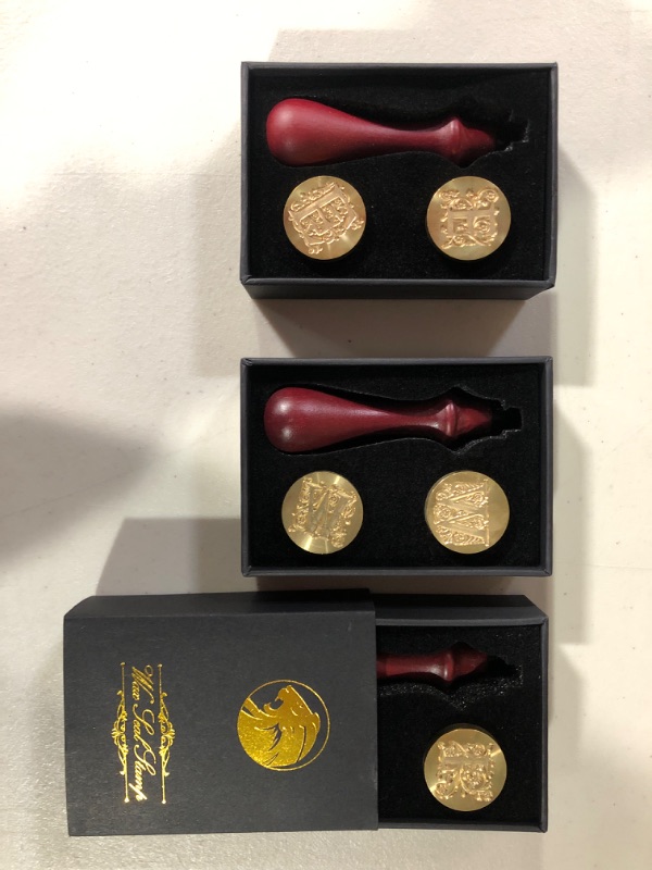 Photo 2 of [3pc] Wax Seal Stamp Set: Brass Head & Wooden Handle - Letters: "E", "I", "W"