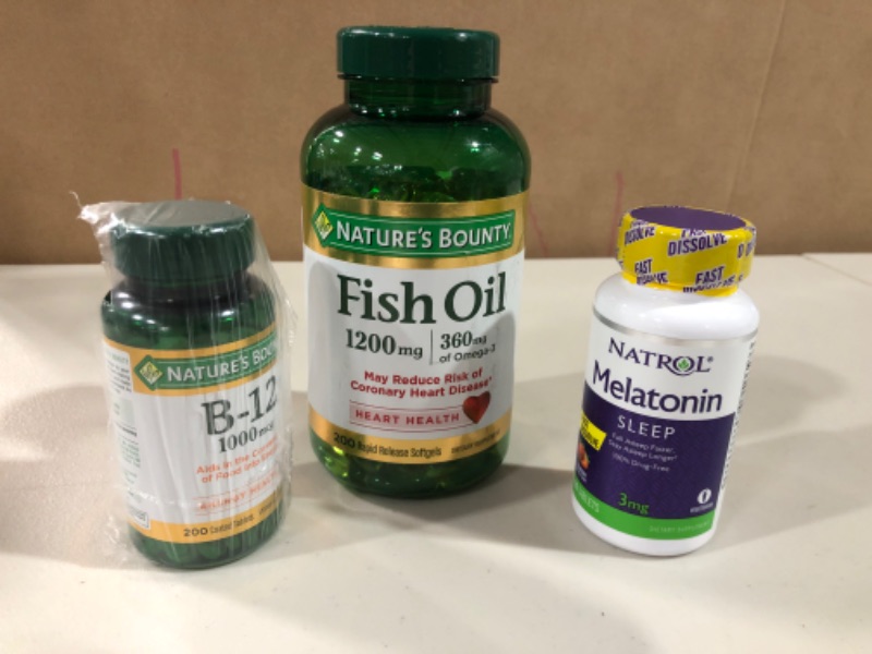 Photo 2 of [3pc] Vitamin Assortment: Nature's Bounty Fish Oil 1200mg/200pc - Nature's Bounty B-12 1000mcg/200pc - Natrol Melatonin 3mg/90pc