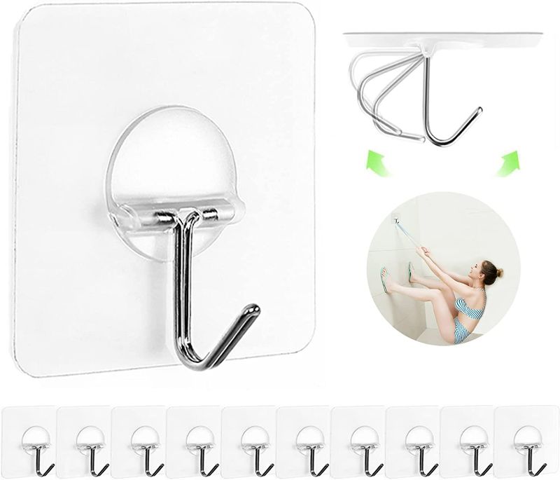 Photo 2 of Adhesive Hooks for Hanging Heavy Duty Wall Hooks Self Adhesive Towel Coat Hooks Waterproof Transparent Hooks for Bathroom Shower Kitchen Keys Door Outdoor Home Improvement Utility Hook 12 Pack OF 7 BOXES