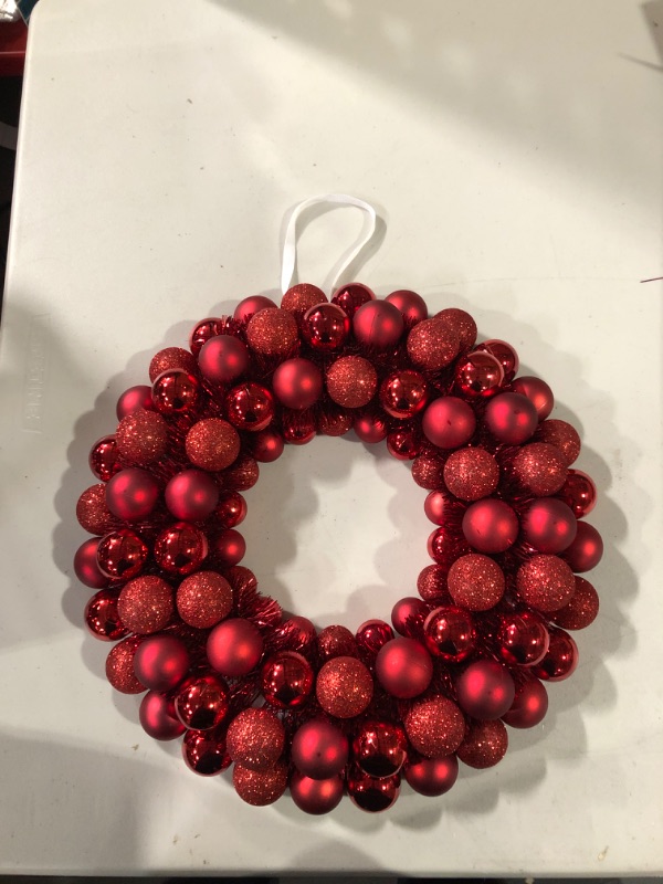 Photo 2 of 16 Inch Christmas Ball Wreath Home Party Decors Xmas Front Door Decorative Hanging Christmaswreaths Ball Ornaments Red