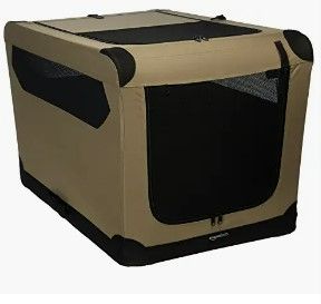 Photo 1 of Amazon Basics 2-Door Collapsible Soft-Sided Folding Travel Crate Dog Kennel, Large, 24 x 24 x 36 Inches, Tan