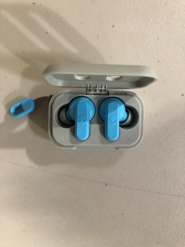 Photo 2 of Skullcandy Dime True Wireless In-Ear Earbuds - Light Grey/Blue, Compatible with iPhone and Android, Bluetooth Earbud headphone, charging case & Mic, Great for GYm & Sport IPX4 Water Dust Resistant Dime Light Grey/Blue