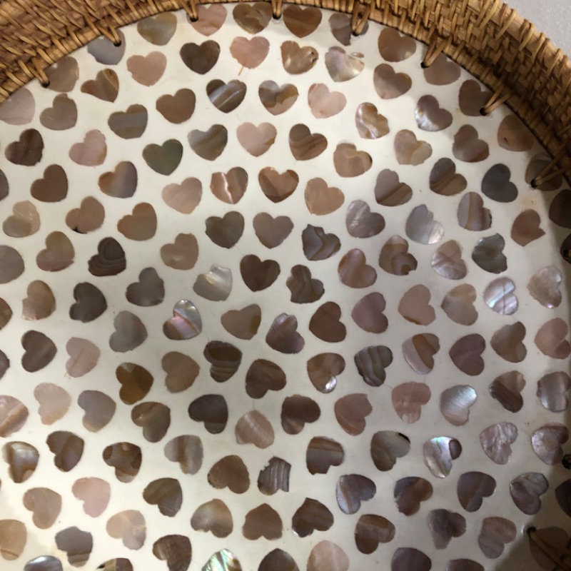 Photo 2 of BemiaoCrafts Rattan Tray with Mother of Pearl Inlay Wooden Base, Lacquer Serving Basket for Breakfast, Food, Round Tray as Coffee Table Decor, Mother of Pearl Decoration, Storage, Display Leaf