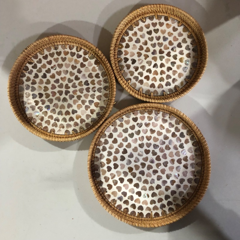 Photo 3 of BemiaoCrafts Rattan Tray with Mother of Pearl Inlay Wooden Base, Lacquer Serving Basket for Breakfast, Food, Round Tray as Coffee Table Decor, Mother of Pearl Decoration, Storage, Display Leaf