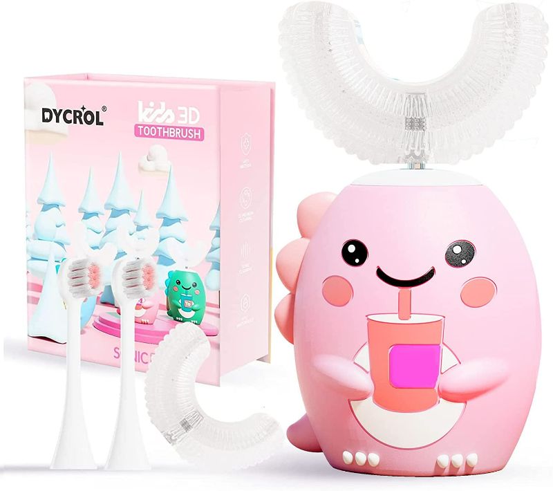 Photo 1 of Kids U Shaped Electric Toothbrush with 4 Brush Heads, Sonic Toothbrush Kids with 5 Modes, Cartoon Dinosaur 360-Degree Cleaning IPX7 Waterproof Design (2-6 Age (Pink))