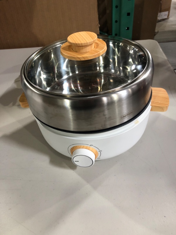 Photo 1 of Aroma Housewares AMC-130 Whatever Pot, Indoor Grill, Cooking, Hot Pot with Glass Lid, Bamboo Handles, 2.5L, Stainless Steel/White