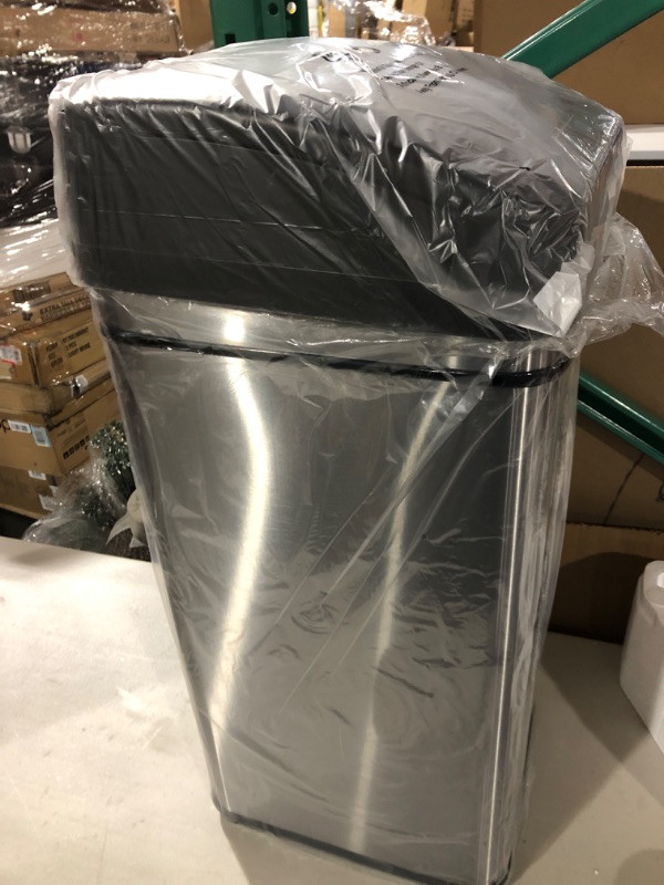 Photo 2 of **SEE NOTES**
iTouchless 13 Gallon Automatic Trash Can with Odor-Absorbing Filter and Lid Lock, Power by Batteries (not included) or Optional AC Adapter (sold separately), Black / Stainless Steel
