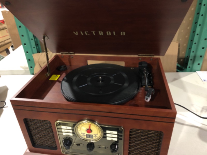 Photo 2 of Victrola Nostalgic 6-in-1 Bluetooth Record Player & Multimedia Center with Built-in Speakers - 3-Speed Turntable, CD & Cassette Player, FM Radio | Wireless Music Streaming | Mahogany Mahogany Entertainment Center