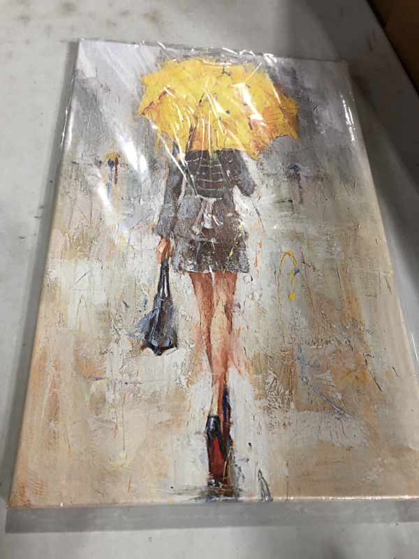 Photo 2 of Abstract Canvas Painting A Rainy Walk Girl with Yellow Umbrella Wall Art Modern Artwork for Office Home Decoration Yellow Umbrella 16 x 24 inch