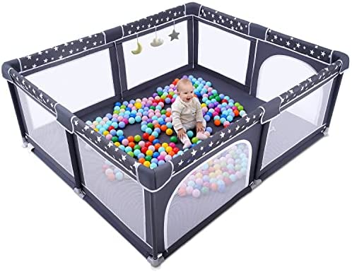 Photo 1 of Baby Playpen, ANGELBLISS Playpen for Babies and Toddlers, Extra Large Play Yard with Gate, Indoor & Outdoor Kids Safety Play Pen Area with 3 Plush Toys, Star Print (Dark Grey, 71"×59")