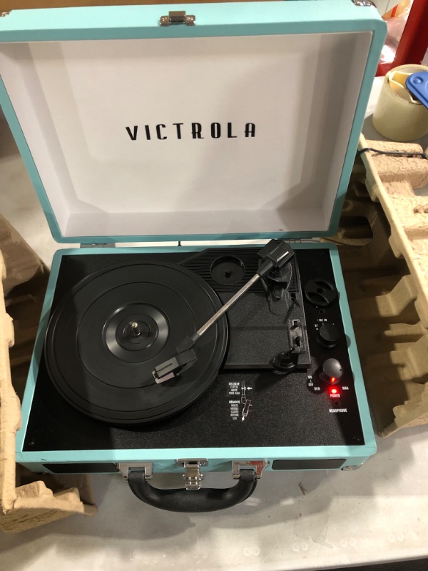 Photo 2 of Victrola Vintage 3-Speed Bluetooth Portable Suitcase Record Player with Built-in Speakers | Upgraded Turntable Audio Sound| Includes Extra Stylus | Turquoise, Model Number: VSC-550BT