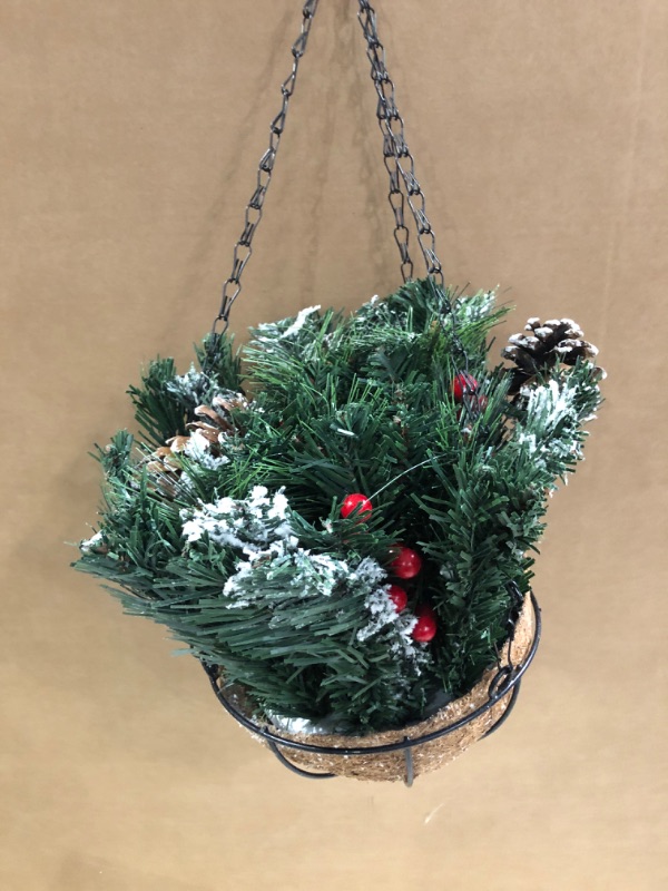 Photo 2 of Artificial Christmas Hanging Basket, Decorated with Frosted Pine Cones, Berry Clusters, 30 LED String Lights, Front Porch Christmas Outdoor Decorations for Garden Patio Lawn