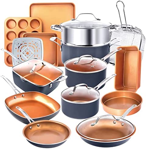 Photo 1 of  
Gotham Steel 20 Piece Pots & Pans Set Complete Kitchen Cookware + Bakeware Set | Nonstick Ceramic Copper Coating – Frying Pans, Skillets, Stock Pots, Deep Square Fry Basket Cookie Sheet & Baking Pans