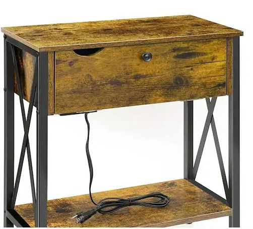 Photo 1 of 21.3 in. Rustic Brown End Table Side Table with Drawer and USB Ports Power Outlets 2-Tier Wood Nightstand